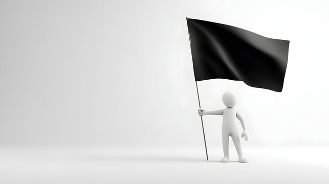 Minimalist white 3D human figure holding a black waving flag, isolated on a clean background with soft studio lighting.