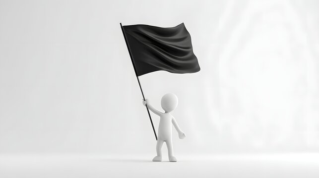 Minimalist white 3D human figure holding a black waving flag, isolated on a clean background with soft studio lighting.