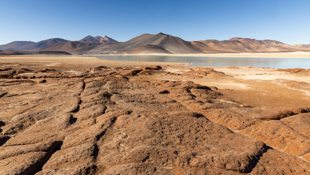 View of the red volcanic rock formations at Piedras Rojas with a salt lagoon and mountains in the background under a clear blue sky in San Pedro de Atacama, Antofagasta, Chile.