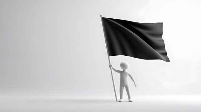 Minimalist white 3D human figure holding a black waving flag, isolated on a clean background with soft studio lighting.