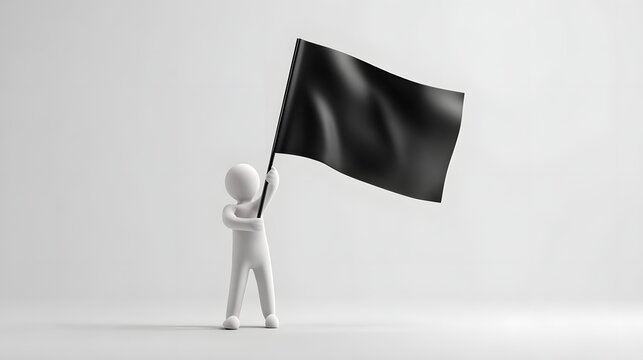 Minimalist white 3D human figure holding a black waving flag, isolated on a clean background with soft studio lighting.