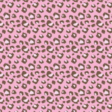 Trendy pink leopard print seamless pattern with brown spots. Ideal for textiles, fashion, wallpaper, wrapping paper, packaging, branding, and stylish backgrounds.