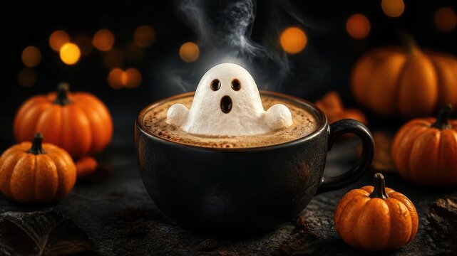 A cute little ghost marshmallow floating in a hot chocolate mug surrounded by pumpkins for a festive halloween celebration