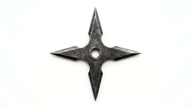 Sharp Traditional Four Pointed Metal Throwing Star Weapon Isolated On White Background