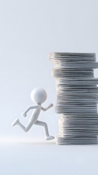 Minimalist white 3D stick figure running beside stacked cash bundles, symbolizing financial growth, ambition, success, opportunity, and prosperity.