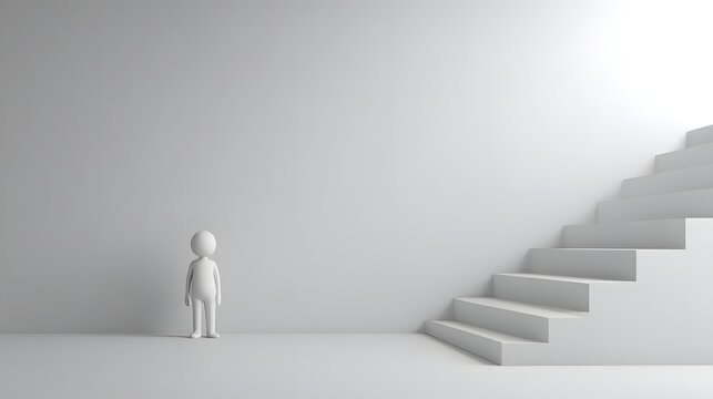 Minimalist white 3D stick figure facing a staircase, symbolizing ambition, opportunity, career growth, determination, and future success.