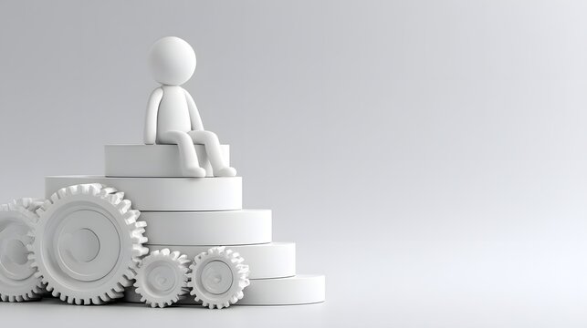 Minimalist white 3D stick figure sitting on stacked gears, symbolizing teamwork, engineering, automation, innovation, productivity, and industrial technology.