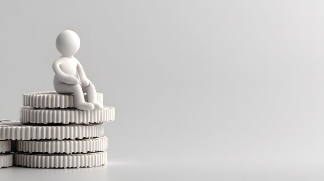 Minimalist white 3D stick figure sitting on stacked gears, symbolizing teamwork, engineering, automation, innovation, productivity, and industrial technology.