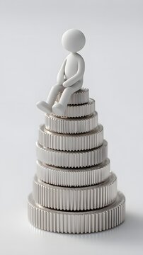 Minimalist white 3D stick figure sitting on stacked gears, symbolizing teamwork, engineering, automation, innovation, productivity, and industrial technology.