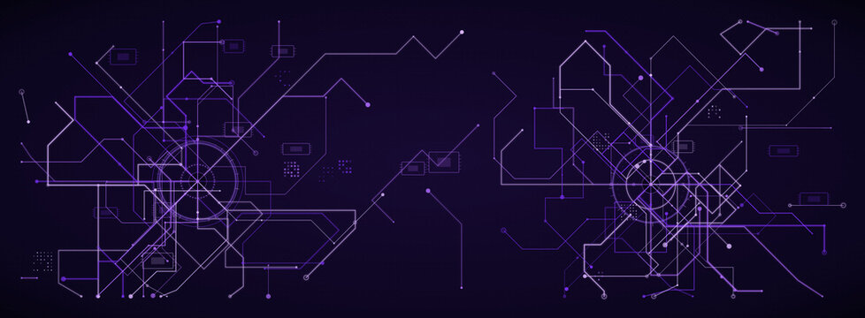 Futuristic digital circuit board background, neon purple technology network interface, abstract cyber security data visualization concept