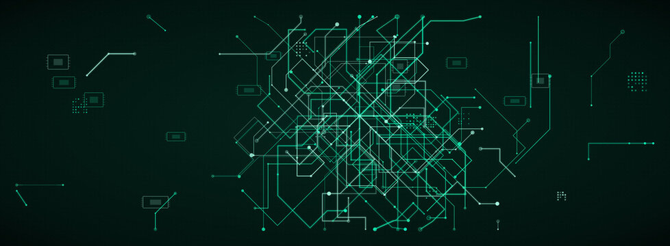 Futuristic digital circuit board background, glowing green motherboard lines, abstract cyber security and artificial intelligence data network