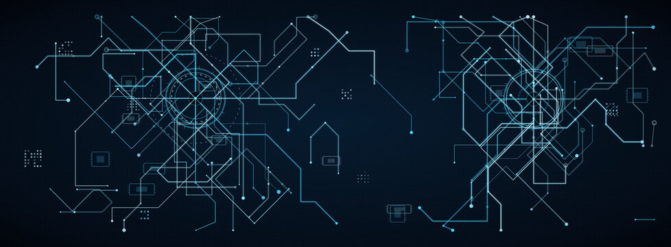 Futuristic digital circuit board background, blue glowing network lines on dark backdrop, abstract technology data connection map