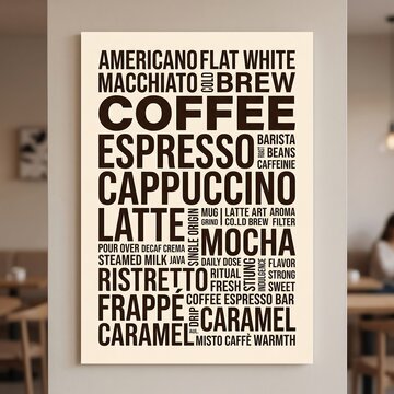 Decorative wall art poster featuring a typography list of various popular coffee drink types