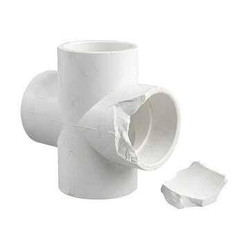 Broken white pvc cross pipe fitting isolated on transparent background