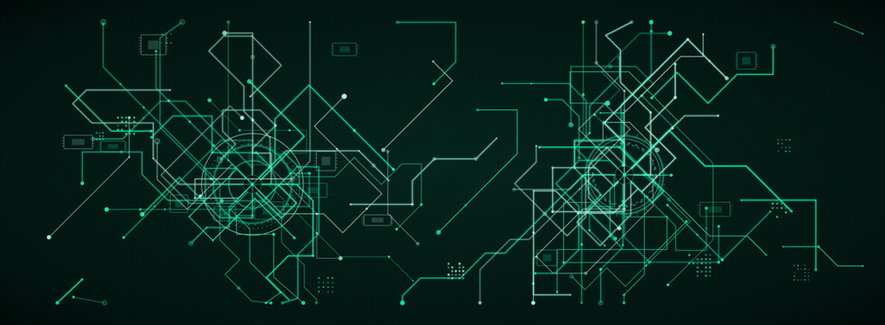 Futuristic digital circuit board background, glowing green motherboard network lines, abstract cyber technology data connection pattern