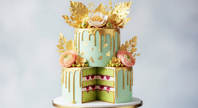 Exquisite two-tier celebration cake decorated with mint green frosting, luxurious gold drip icing, delicate pink flowers