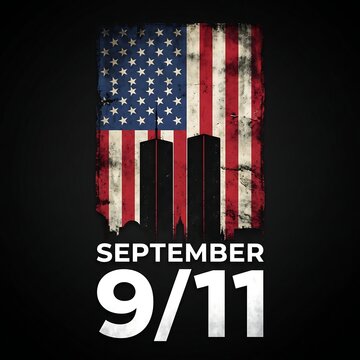 A solemn memorial graphic featuring the american flag and the twin towers silhouette for 911