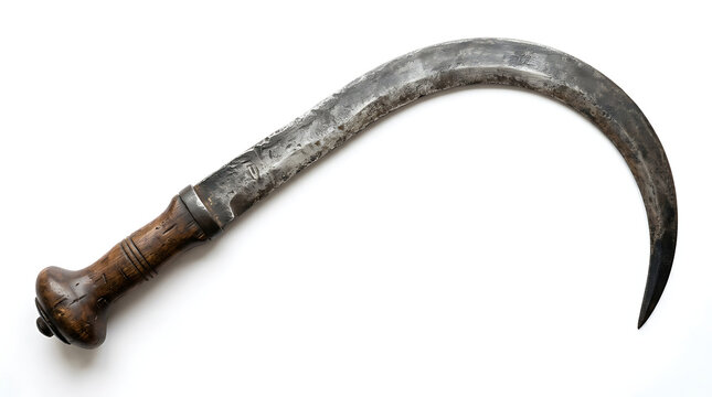 Old Rusty Harvesting Sickle with Wooden Handle Isolated on a Plain White Background