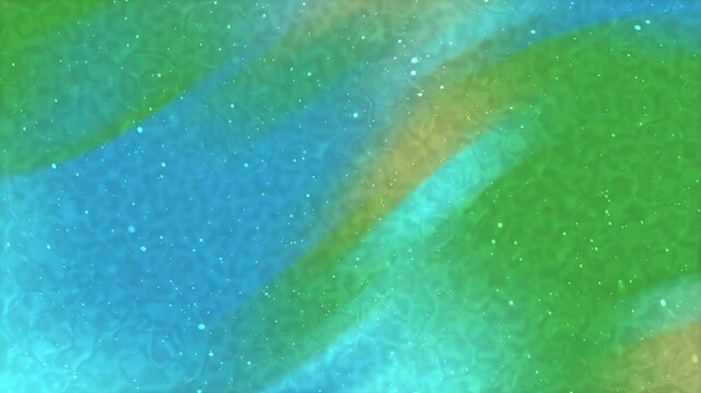 Abstract background with flowing waves of green and blue colors and subtle sparkling particles.