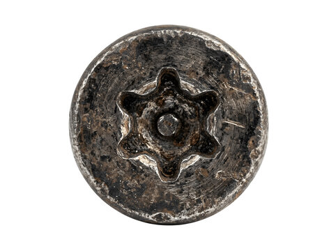 Closeup top view of a weathered torx security screw head isolated on transparent background