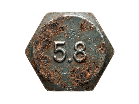 Closeup of a rusty hexagonal bolt head with 58 grade marking isolated on transparent background