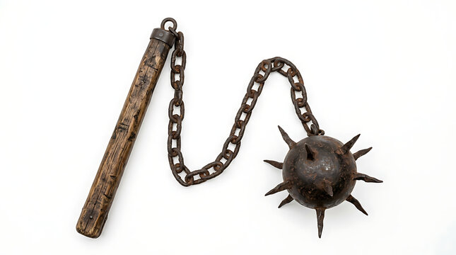Antique Medieval Spiked Flail Weapon With Wooden Handle Isolated on White Background