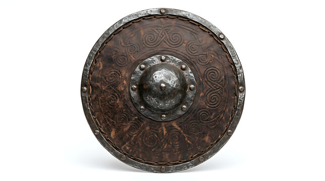 Ancient Round Wooden Viking Shield with Metal Boss Isolated on White Background View