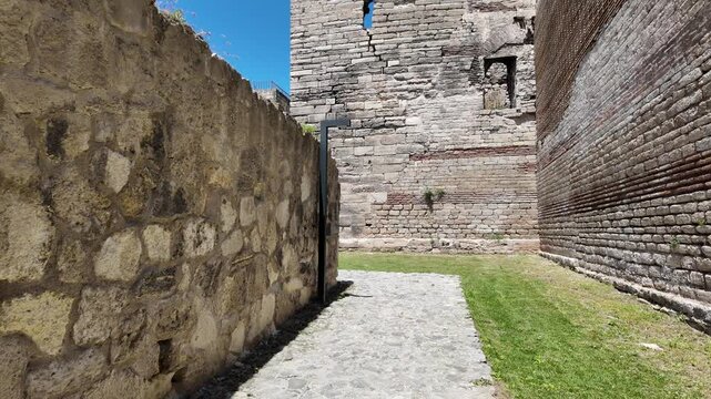 The Istanbul Land Walls, located in Istanbul, Turkey, were built by the Byzantines. They were built to prevent the Turks from entering the city during the great war in 1453