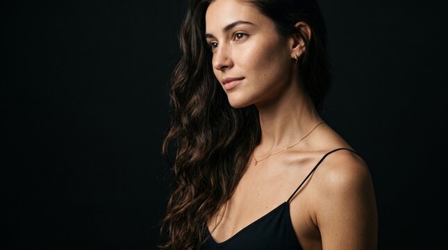 Beautiful woman with long wavy dark brown hair and natural makeup poses gracefully for an elegant studio portrait fashion shot