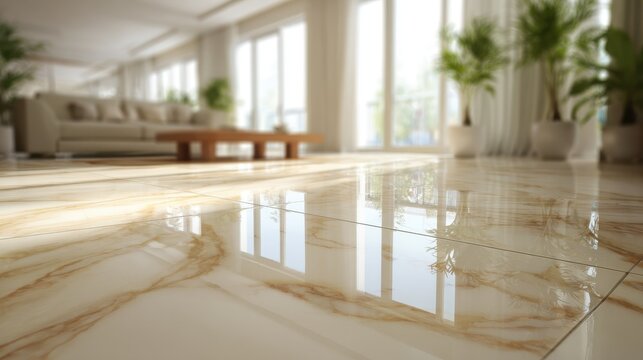 Polished marble floor tiles with blurred living room interior background