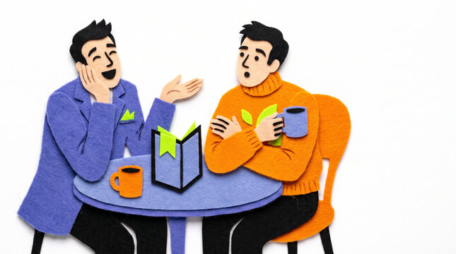 Two men discussing over coffee while sitting at a table  