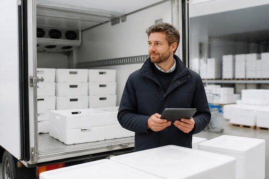 A man in a dark coat is looking at a tablet inside the open back of a white delivery truck filled with stacked boxes.