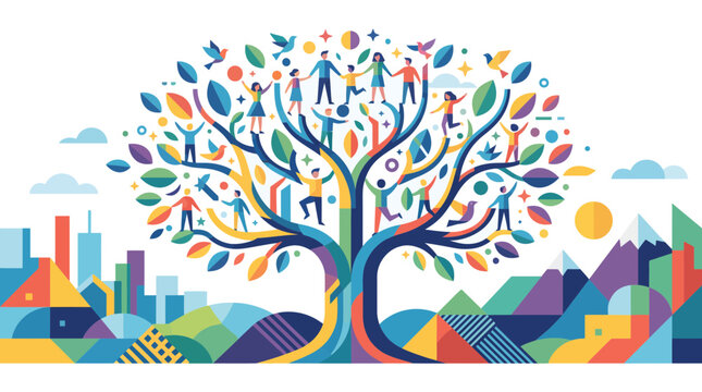 Colorful vector illustration featuring a stylized community tree with diverse people holding hands among vibrant foliage branches set against a backdrop of geometric mountains and urban silhouettes