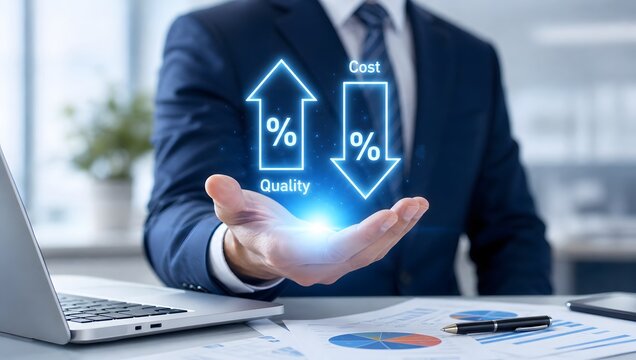 Business professional holding virtual quality increase and cost decrease symbols.