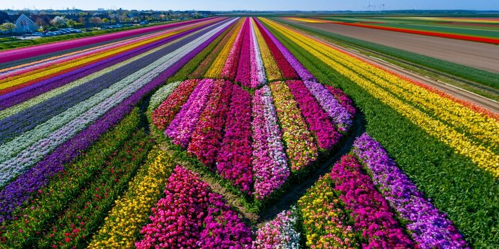 Vibrant aerial view of colorful tulip fields featuring a heart shape design in a beautiful spring landscape.