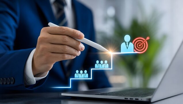 Businessman pointing at upward trending graph and target success symbol representing business growth and goals.