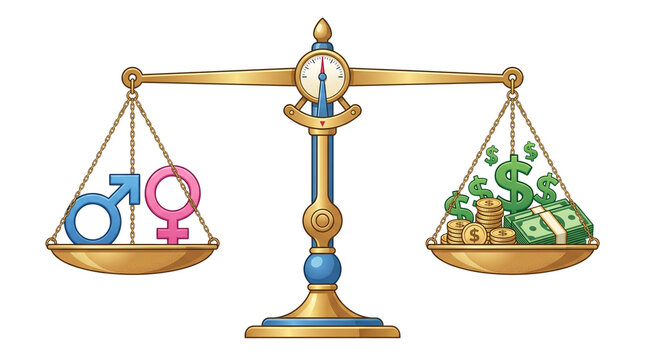 Gender pay gap concept on gold scales, male and female symbols balanced with money, financial equality and social justice illustration