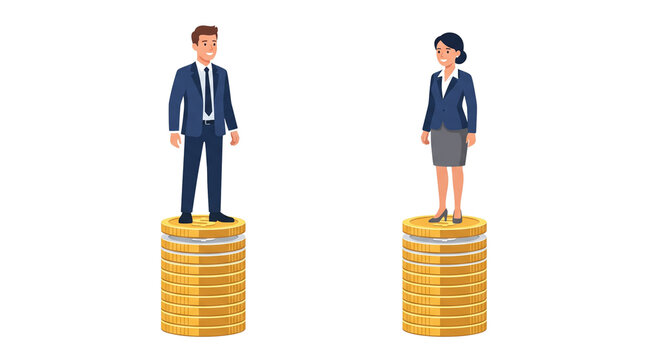 Gender pay gap concept with business people standing on equal coin stacks, financial equality and income parity illustration