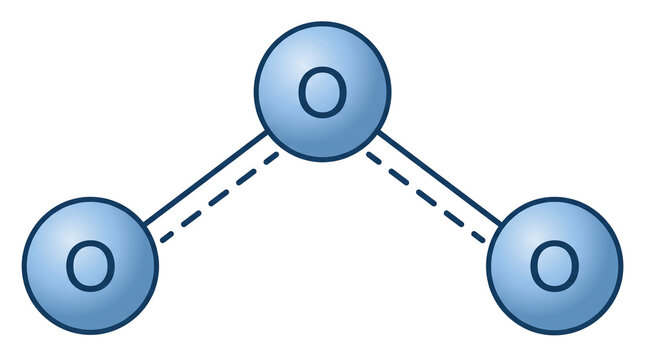 Ozone molecule chemical structure, blue O3 molecular model illustration, atmospheric oxygen gas diagram for science education