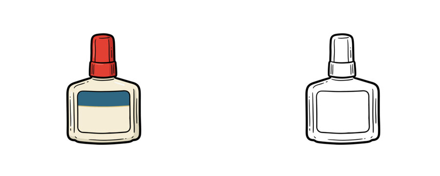 Correction fluid bottle vector illustration in flat colored red cap and white body style alongside black line art version on a white background