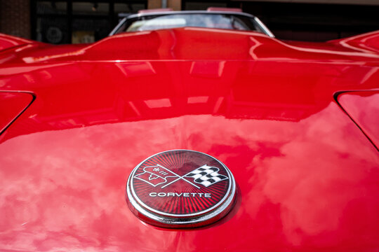 Castricum, Netherlands - May 31, 2026: Corvette logo on the front of an old Chevrolet Corvette C3 Stingray