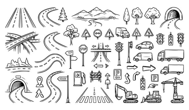 Premium Highway and Road Infrastructure Doodle Vector Bundle with Traffic Signs Cars and Transport Elements