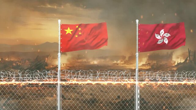 China and Hong Kong flags waving over war zone behind barbed wire fence in dramatic cinematic footage.