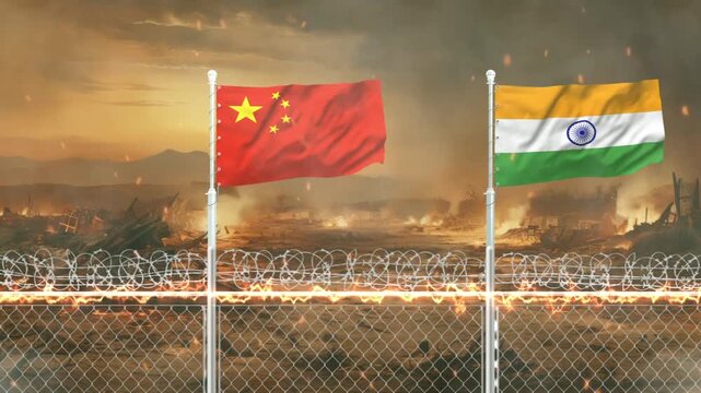 China and india flags waving behind barbed wire fence in war zone battlefield for political conflict.