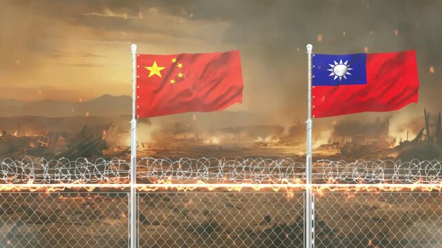 China and Taiwan national flags waving against background of war zone battlefield and barbed wire fence.