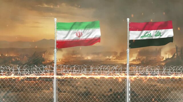Iranian and Iraqi flags waving side by side against a war torn landscape with burning city background.