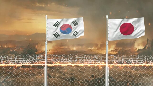 Waving south korea and japan flags over barbed wire fence with burning war background cinematic scene.