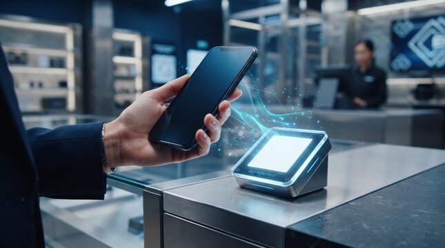 Person using smartphone for contactless payment at terminal.