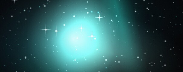Abstract cosmic background, featuring a glowing, turquoise nebula with, sparkling white stars, and radiant light, flares in deep, space galaxy atmosphere © khaledSaifulllah