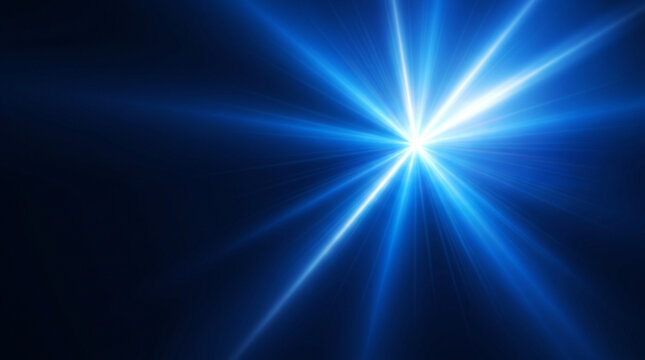 Brilliant white flare bursting with intense blue rays radiating symmetrically against deep dark background creating powerful light explosion